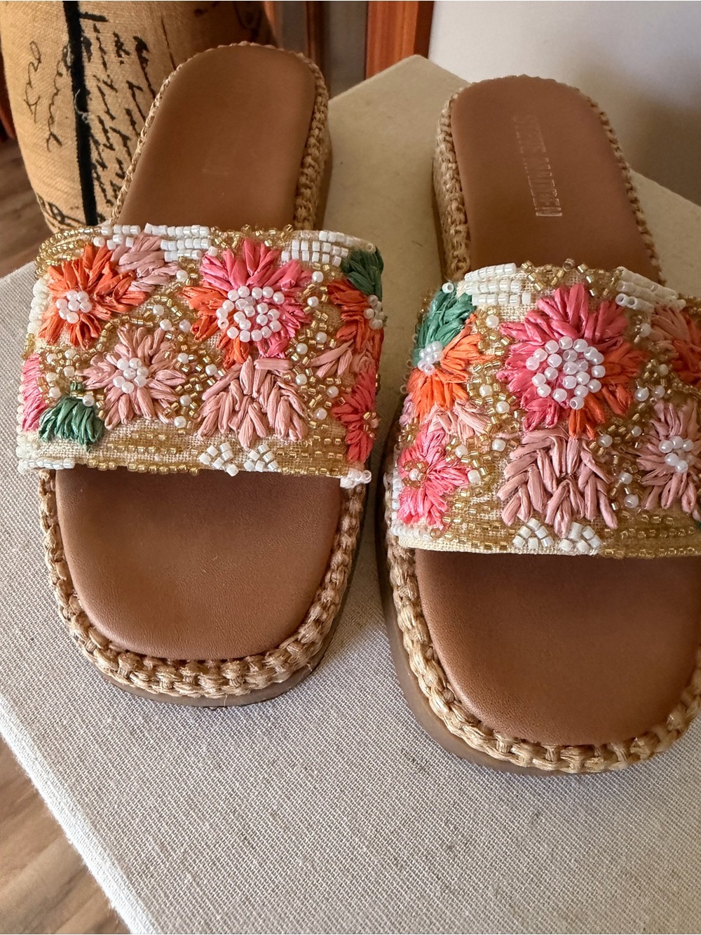 Steve Madden Beaded Floral Slide Sandals - Pink, Orange & Green Embroidery